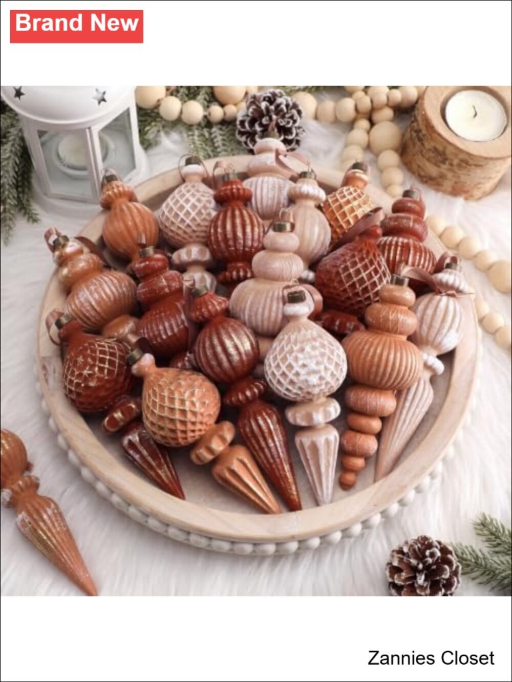 🎄 9 Pc Neutral Terracotta Plastic Christmas Tree Hanging Ornaments Set Vintage